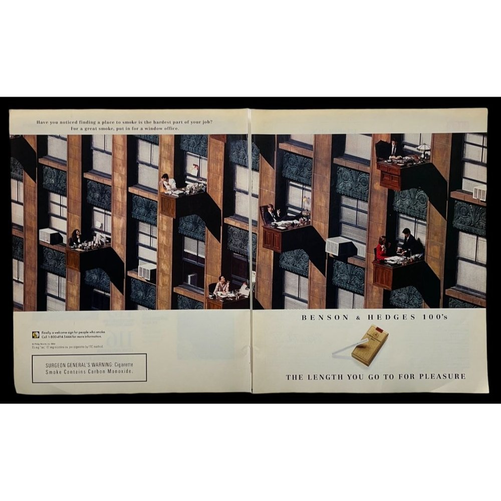 Benson & Hedges 100s Cigarettes Print Ad Vintage 1994 Smoke Outside Office 2 Pg